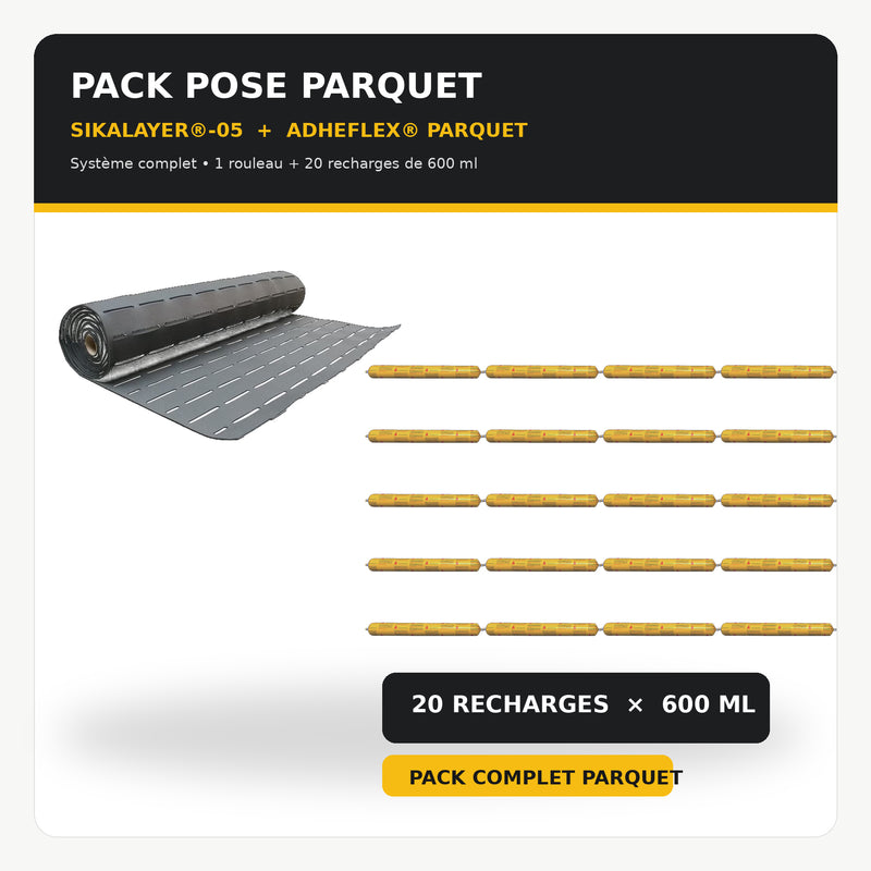 Pack Pose Parquet SIKA – 1 Rouleau SikaLayer-05 20 m² + 20 Recharges Adheflex Parquet 600 ml