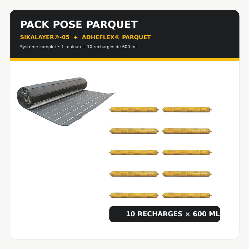 Pack Pose Parquet SIKA – 1 Rouleau SikaLayer-05 10 m² + 10 Recharges Adheflex Parquet 600 ml